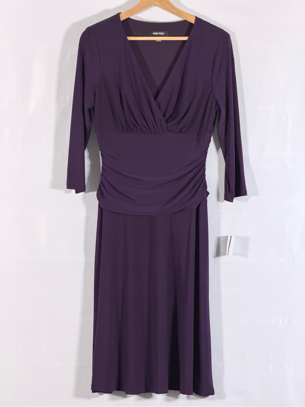 NWT Nine West Plum Faux Wrap Midi Dress Ruched Waist 3/4 Sleeve Women’s Size 8